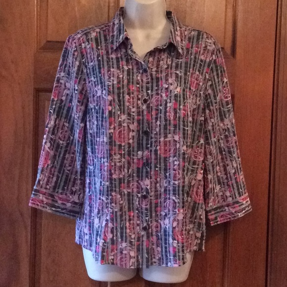 Christopher & Banks Tops - Rayon pink gray floral stripe button up sz M